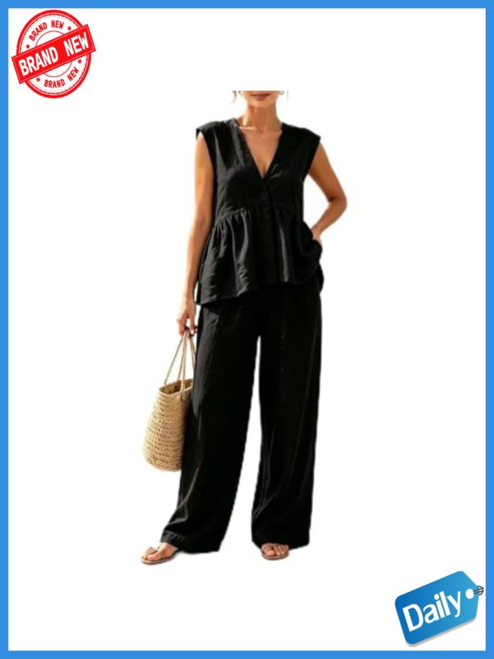 Linen Blend 2 Piece Pant Set Sleeveless V Neck Peplum Vest Suit Summer Beach